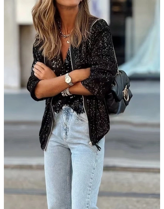 Kadın Uzun Kollu önü Fermuarlı Kısa Pulpayet Ceket