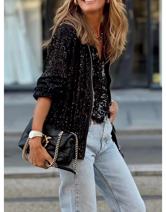 Kadın Uzun Kollu önü Fermuarlı Kısa Pulpayet Ceket