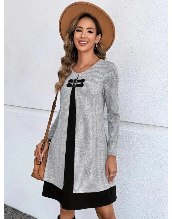 Kadın Uzun Kollu önü Tokalı şardonlu Kaşkorse Iç Kısmı Viskon Midi Elbise Ikili Takım