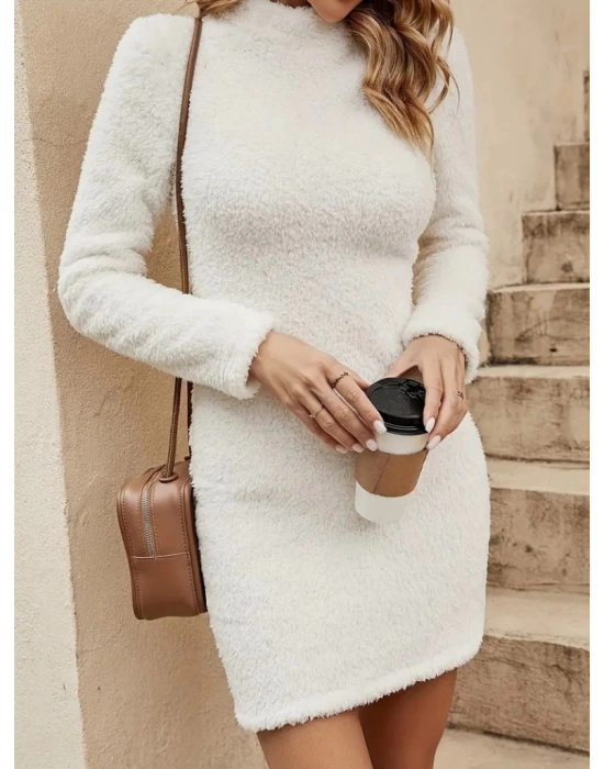Kadın Uzun Kollu Peluş Mini Boy Elbise