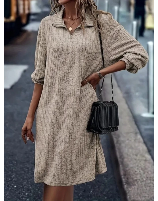 Kadın Uzun Kollu Polo Yaka Fermuar Detaylı şardonlu Kaşkorse Mini Boy Elbise