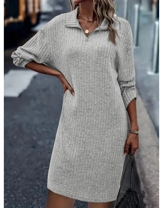 Kadın Uzun Kollu Polo Yaka Fermuar Detaylı şardonlu Kaşkorse Mini Boy Elbise