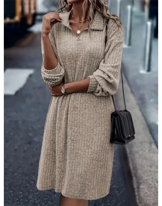 Kadın Uzun Kollu Polo Yaka Fermuar Detaylı şardonlu Kaşkorse Mini Boy Elbise