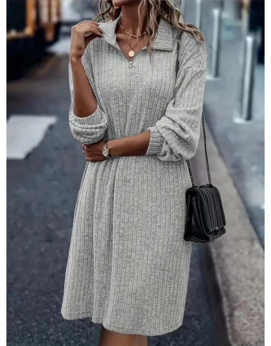 Kadın Uzun Kollu Polo Yaka Fermuar Detaylı şardonlu Kaşkorse Mini Boy Elbise