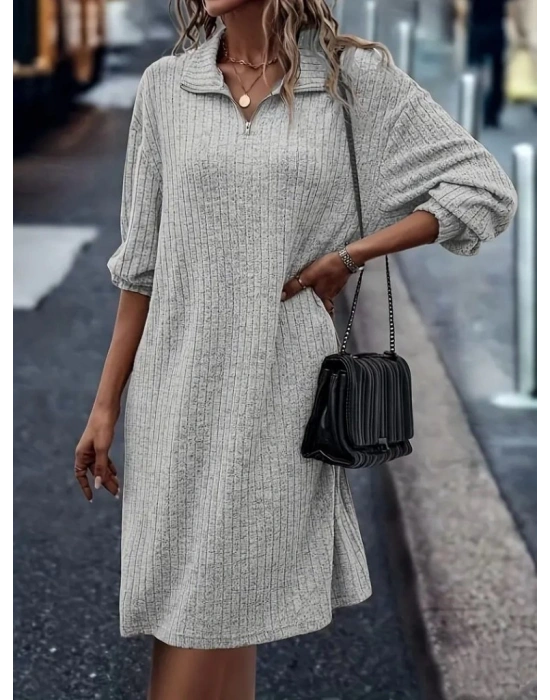 Kadın Uzun Kollu Polo Yaka Fermuar Detaylı şardonlu Kaşkorse Mini Boy Elbise