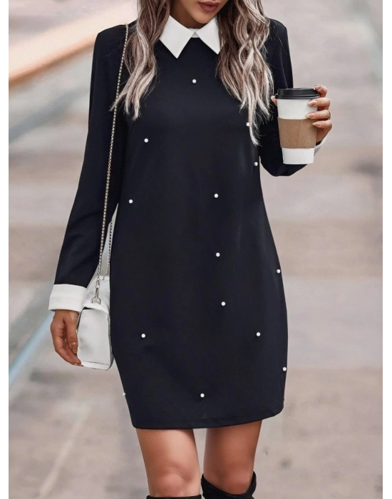 Kadın Uzun Kollu Polo Yaka Inci Detay Krep Elbise