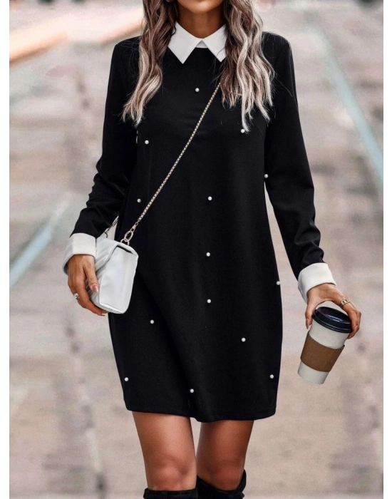 Kadın Uzun Kollu Polo Yaka Inci Detay Krep Elbise