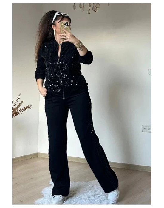 Kadın Uzun Kollu Pul Payet Detay Fermuarlı Iki Iplik Kumaş Ikili Takım