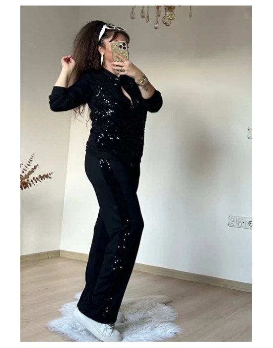 Kadın Uzun Kollu Pul Payet Detay Fermuarlı Iki Iplik Kumaş Ikili Takım