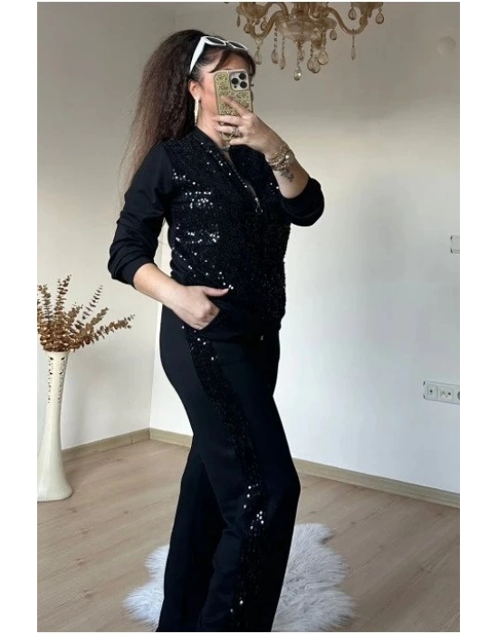 Kadın Uzun Kollu Pul Payet Detay Fermuarlı Iki Iplik Kumaş Ikili Takım