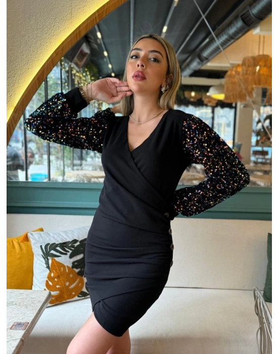 Kadın Uzun Kollu Pul Payetli Kruvaze Yaka Yandan Düğmeli Kısa Ithal Krep Elbise