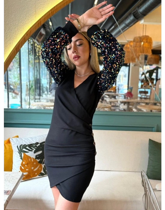 Kadın Uzun Kollu Pul Payetli Kruvaze Yaka Yandan Düğmeli Kısa Ithal Krep Elbise