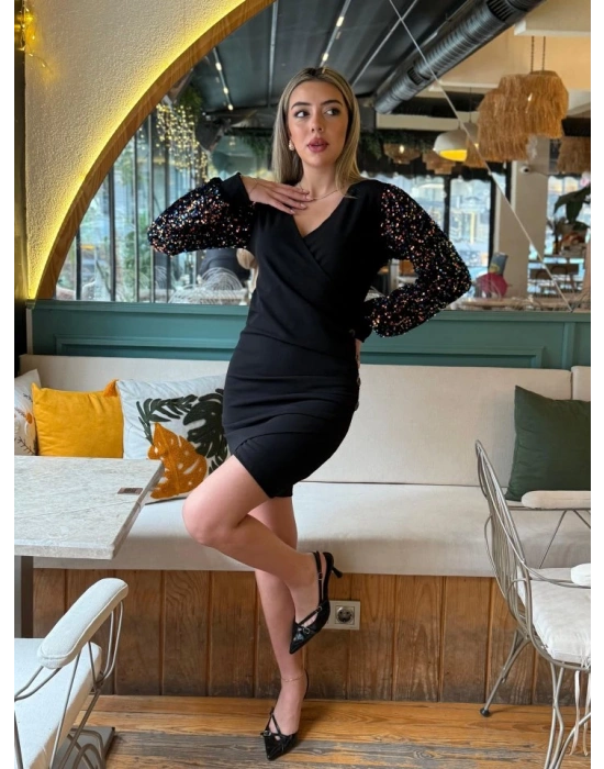 Kadın Uzun Kollu Pul Payetli Kruvaze Yaka Yandan Düğmeli Kısa Ithal Krep Elbise