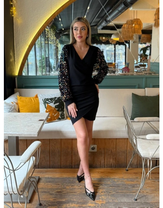 Kadın Uzun Kollu Pul Payetli Kruvaze Yaka Yandan Düğmeli Kısa Ithal Krep Elbise