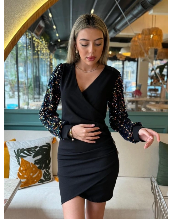 Kadın Uzun Kollu Pul Payetli Kruvaze Yaka Yandan Düğmeli Kısa Ithal Krep Elbise