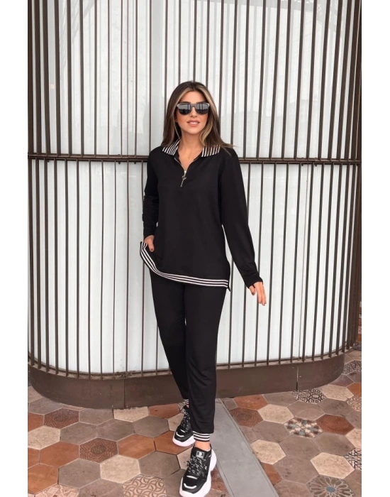 Kadın Uzun Kollu Ribana Ve Fermuar Detay Bluz Ve Yüksel Bel Pantolon 2li Takım