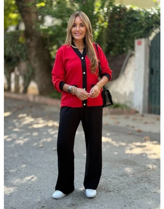 Kadın Uzun Kollu Ribanali Cep Detay Hırka Ve Bol Paça Pantolon Ikili Takım