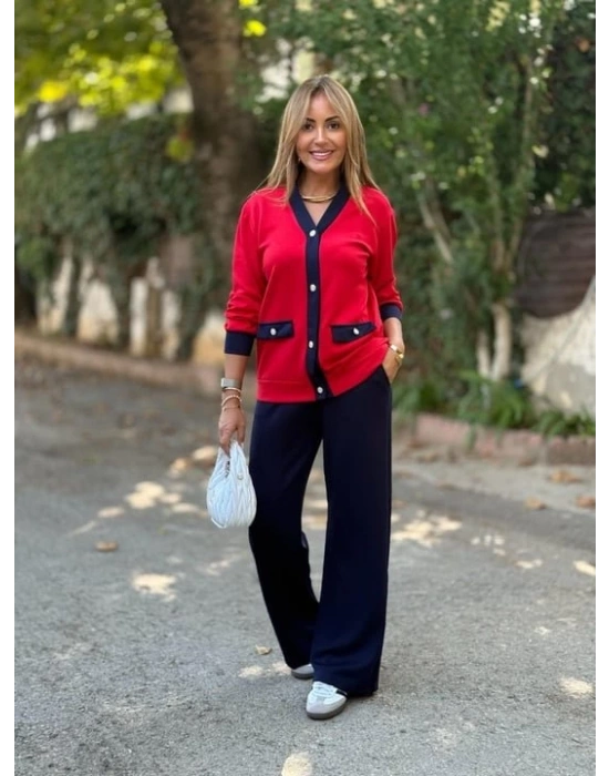 Kadın Uzun Kollu Ribanali Cep Detay Hırka Ve Bol Paça Pantolon Ikili Takım