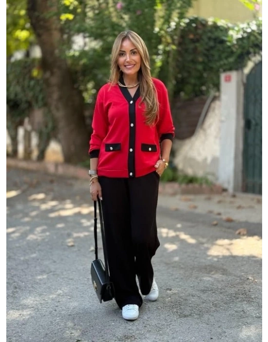 Kadın Uzun Kollu Ribanali Cep Detay Hırka Ve Bol Paça Pantolon Ikili Takım