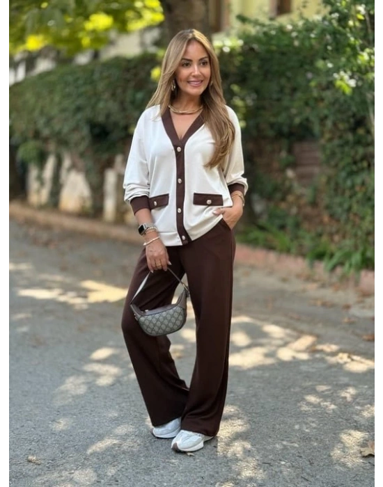 Kadın Uzun Kollu Ribanali Cep Detay Hırka Ve Bol Paça Pantolon Ikili Takım