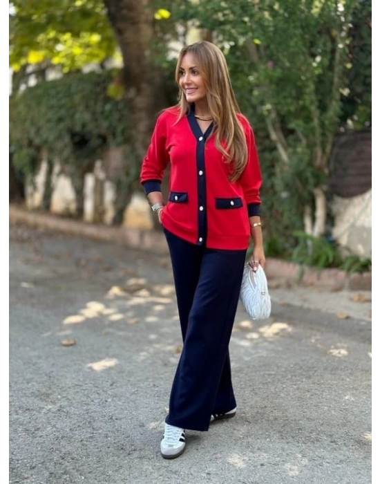 Kadın Uzun Kollu Ribanali Cep Detay Hırka Ve Bol Paça Pantolon Ikili Takım