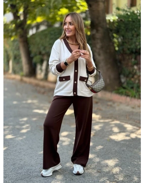 Kadın Uzun Kollu Ribanali Cep Detay Hırka Ve Bol Paça Pantolon Ikili Takım