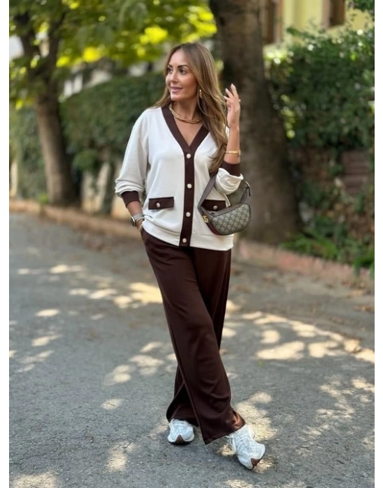 Kadın Uzun Kollu Ribanali Cep Detay Hırka Ve Bol Paça Pantolon Ikili Takım