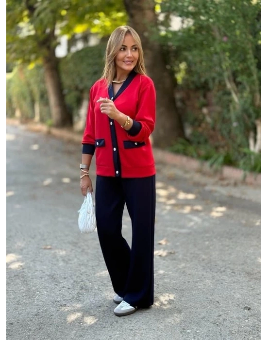 Kadın Uzun Kollu Ribanali Cep Detay Hırka Ve Bol Paça Pantolon Ikili Takım