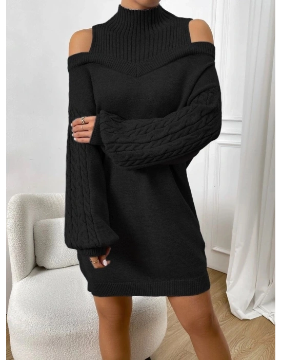 Kadın Uzun Kollu Saç örgü Balıkçı Yaka Detay Triko Elbise