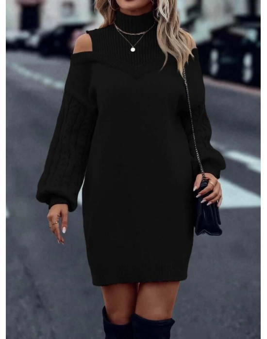 Kadın Uzun Kollu Saç örgü Balıkçı Yaka Detay Triko Elbise