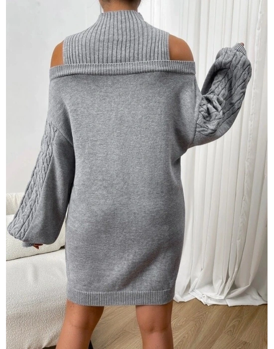 Kadın Uzun Kollu Saç örgü Balıkçı Yaka Detay Triko Elbise