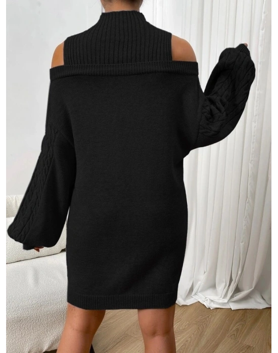 Kadın Uzun Kollu Saç örgü Balıkçı Yaka Detay Triko Elbise