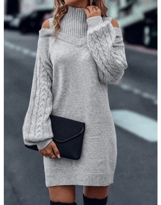 Kadın Uzun Kollu Saç örgü Balıkçı Yaka Detay Triko Elbise