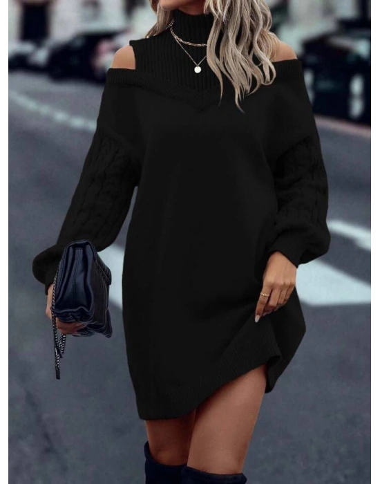 Kadın Uzun Kollu Saç örgü Balıkçı Yaka Detay Triko Elbise