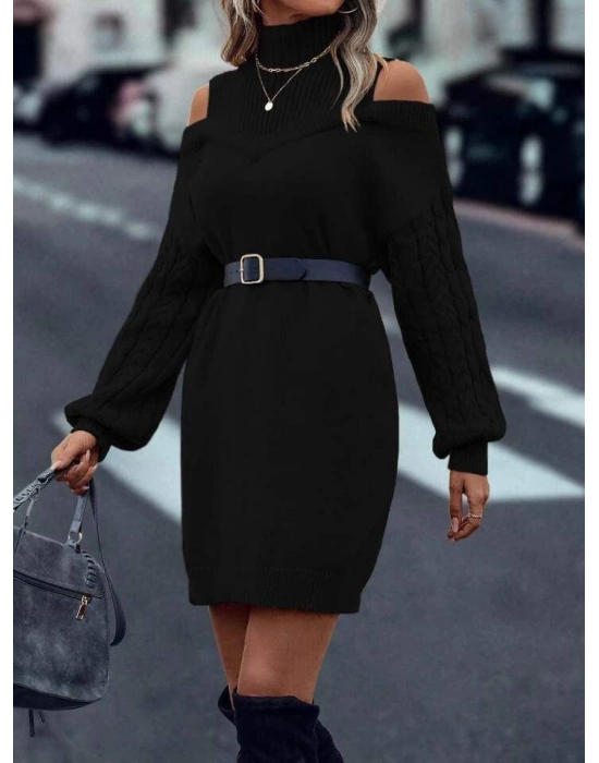 Kadın Uzun Kollu Saç örgü Balıkçı Yaka Detay Triko Elbise