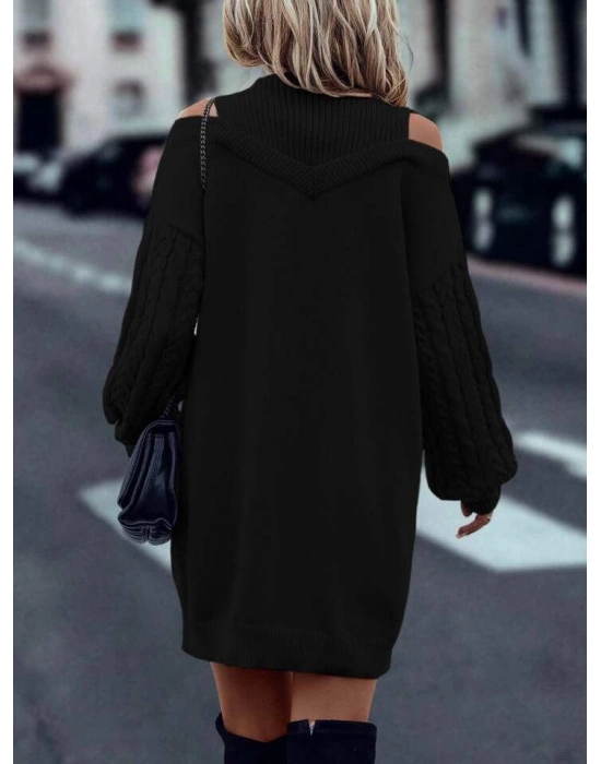 Kadın Uzun Kollu Saç örgü Balıkçı Yaka Detay Triko Elbise