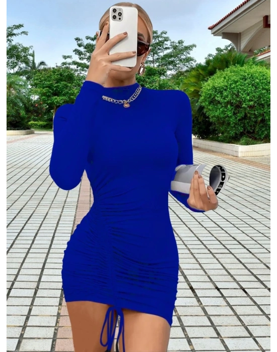 Kadın Uzun Kollu Sağ Belden Sol Etek Ucuna Doğru Hafif çapraz Büzgülü Sandy Mini Boy Elbise