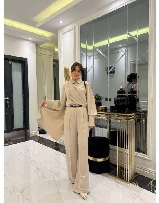 Kadın Uzun Kollu şal Detaylı Bluz Ve Pantolon Kemer Dahil Ikili Takım