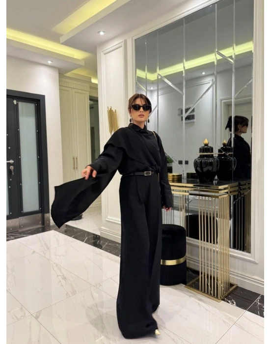 Kadın Uzun Kollu şal Detaylı Bluz Ve Pantolon Kemer Dahil Ikili Takım