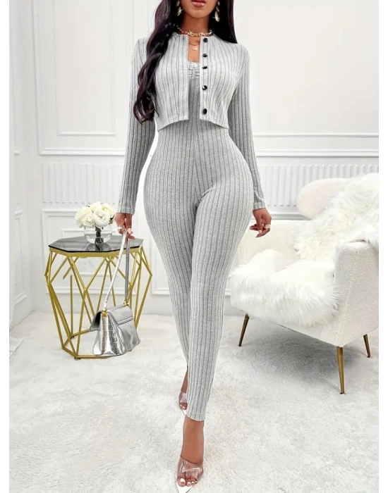 Kadın Uzun Kollu şardonlu Kaşkorse Straplez Ile Kısa önden Düğmeli Ceket Ikili Takım