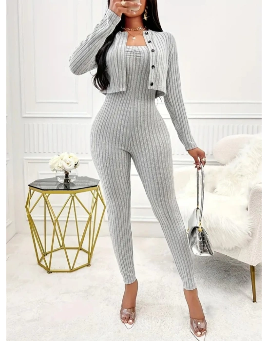 Kadın Uzun Kollu şardonlu Kaşkorse Straplez Ile Kısa önden Düğmeli Ceket Ikili Takım