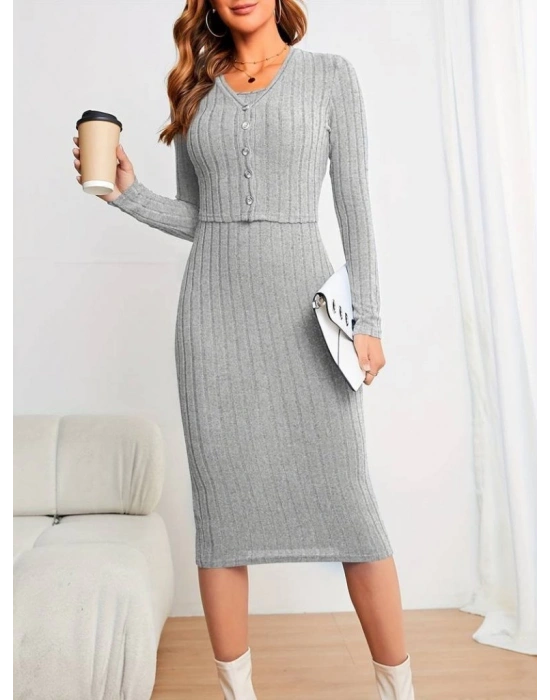 Kadın Uzun Kollu şardonlu Kaşkorseönü Düğmeli Mini Boy Elbise Ikili Takım