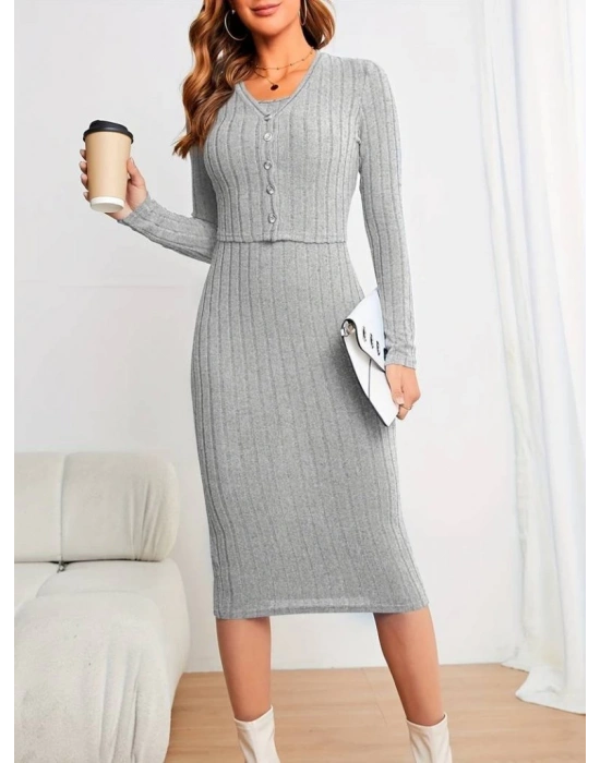 Kadın Uzun Kollu şardonlu Kaşkorseönü Düğmeli Mini Boy Elbise Ikili Takım