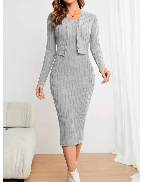 Kadın Uzun Kollu şardonlu Kaşkorseönü Düğmeli Mini Boy Elbise Ikili Takım