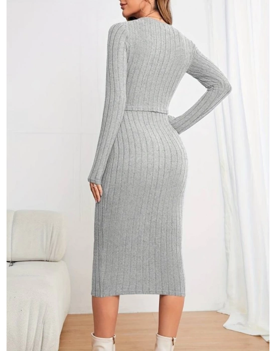 Kadın Uzun Kollu şardonlu Kaşkorseönü Düğmeli Mini Boy Elbise Ikili Takım