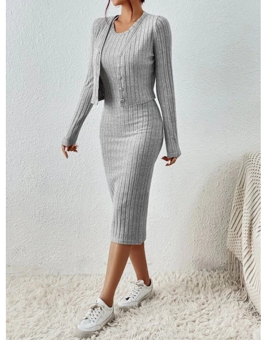 Kadın Uzun Kollu şardonlu Kaşkorseönü Düğmeli Mini Boy Elbise Ikili Takım