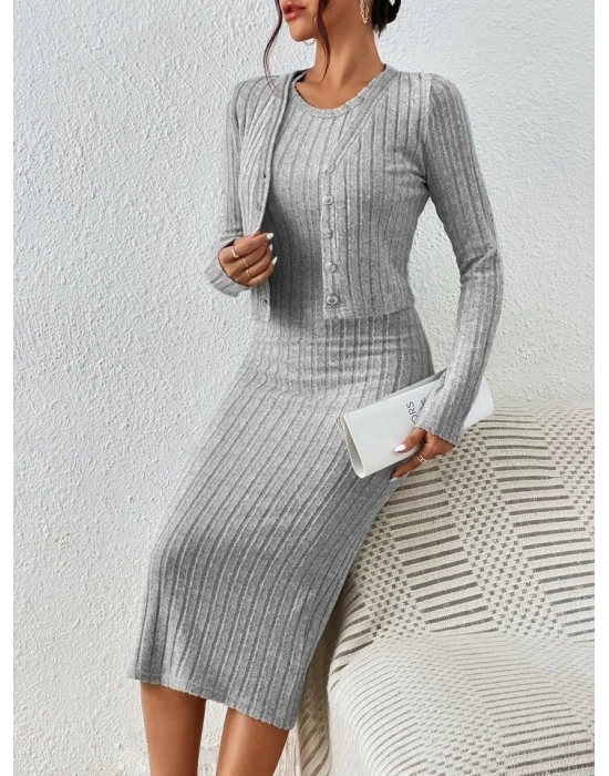 Kadın Uzun Kollu şardonlu Kaşkorseönü Düğmeli Mini Boy Elbise Ikili Takım