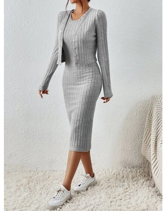 Kadın Uzun Kollu şardonlu Kaşkorseönü Düğmeli Mini Boy Elbise Ikili Takım