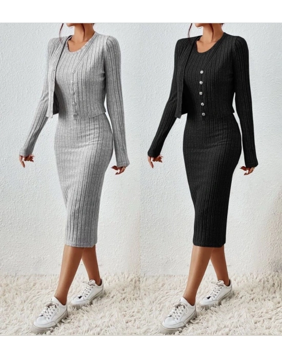 Kadın Uzun Kollu şardonlu Kaşkorseönü Düğmeli Mini Boy Elbise Ikili Takım