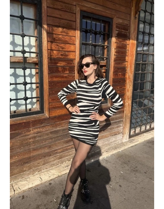 Kadın Uzun Kollu Siyah Beyaz Zebra Desen Triko Elbise